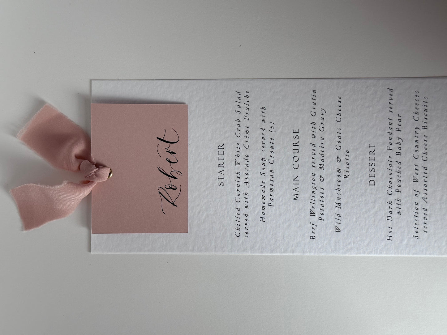 BLUSH Pink Chiffon Place Card Printed Calligraphy Ribbon Menu | Custom Printed Calligraphy Wedding Menu Card | Gold or Silver Eyelet Menu
