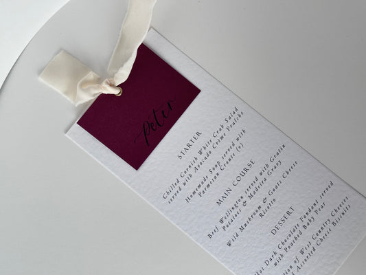 BURGUNDY + CHAMPAGNE Chiffon Place Card Printed Calligraphy Ribbon Menu | Custom Printed Calligraphy Wedding Menu Card | Gold or Silver Eyelet Menu
