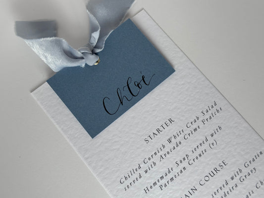 DUSKY BLUE Chiffon Place Card Printed Calligraphy Ribbon Menu | Custom Printed Calligraphy Wedding Menu Card | Gold or Silver Eyelet Menu