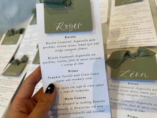 EUCALYPTUS Chiffon Place Card Printed Calligraphy Ribbon Menu | Custom Printed Calligraphy Wedding Menu Card | Gold or Silver Eyelet Menu