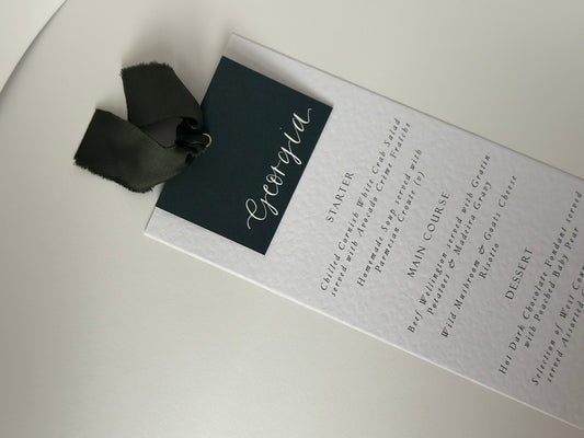 FOREST Green Satin Place Card Printed Calligraphy Ribbon Menu | Custom Printed Calligraphy Wedding Menu Card | Gold or Silver Eyelet Menu
