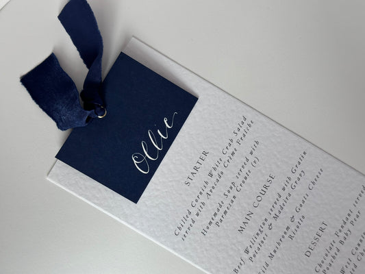 NAVY Chiffon Place Card Printed Calligraphy Ribbon Menu | Custom Printed Calligraphy Wedding Menu Card | Gold or Silver Eyelet Menu