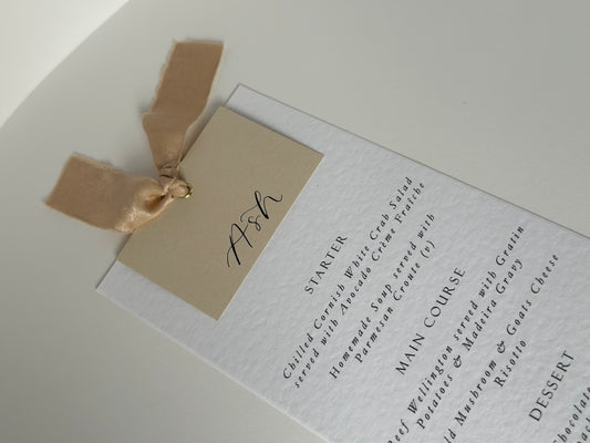 NUDE Chiffon Place Card Printed Calligraphy Ribbon Menu | Custom Printed Calligraphy Wedding Menu Card | Gold or Silver Eyelet Menu