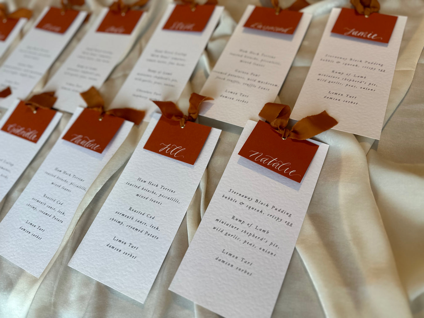 OCHRE Orange Chiffon Place Card Printed Calligraphy Ribbon Menu | Custom Printed Calligraphy Wedding Menu Card | Gold or Silver Eyelet Menu