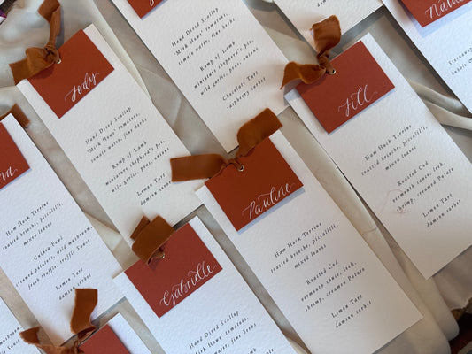 OCHRE Orange Chiffon Place Card Printed Calligraphy Ribbon Menu | Custom Printed Calligraphy Wedding Menu Card | Gold or Silver Eyelet Menu