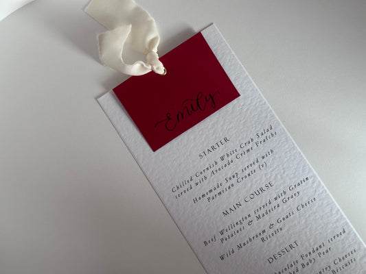 RED + CHAMPAGNE Chiffon Place Card Printed Calligraphy Ribbon Menu | Custom Printed Calligraphy Wedding Menu Card | Gold or Silver Eyelet Menu