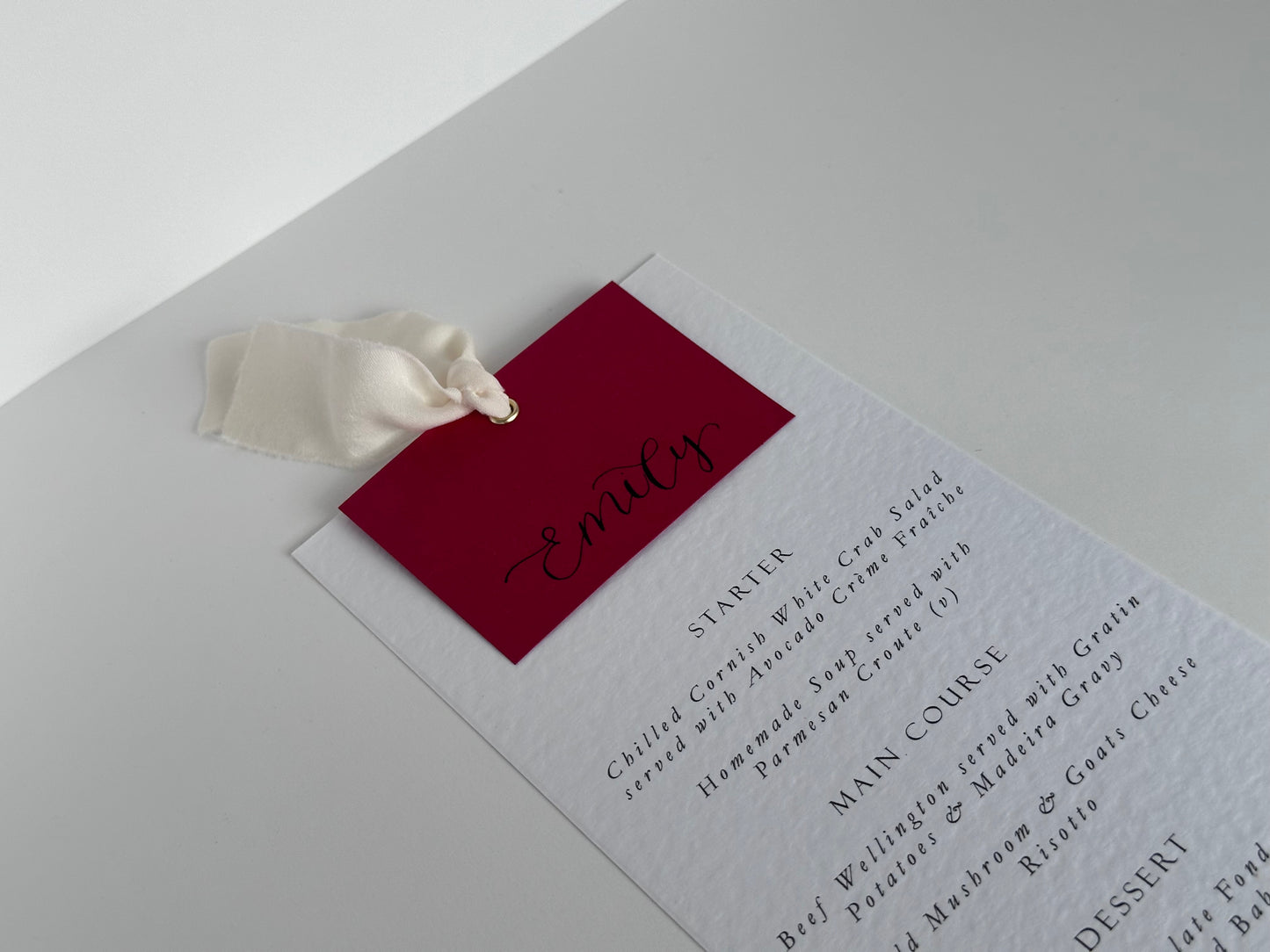 RED + CHAMPAGNE Chiffon Place Card Printed Calligraphy Ribbon Menu | Custom Printed Calligraphy Wedding Menu Card | Gold or Silver Eyelet Menu