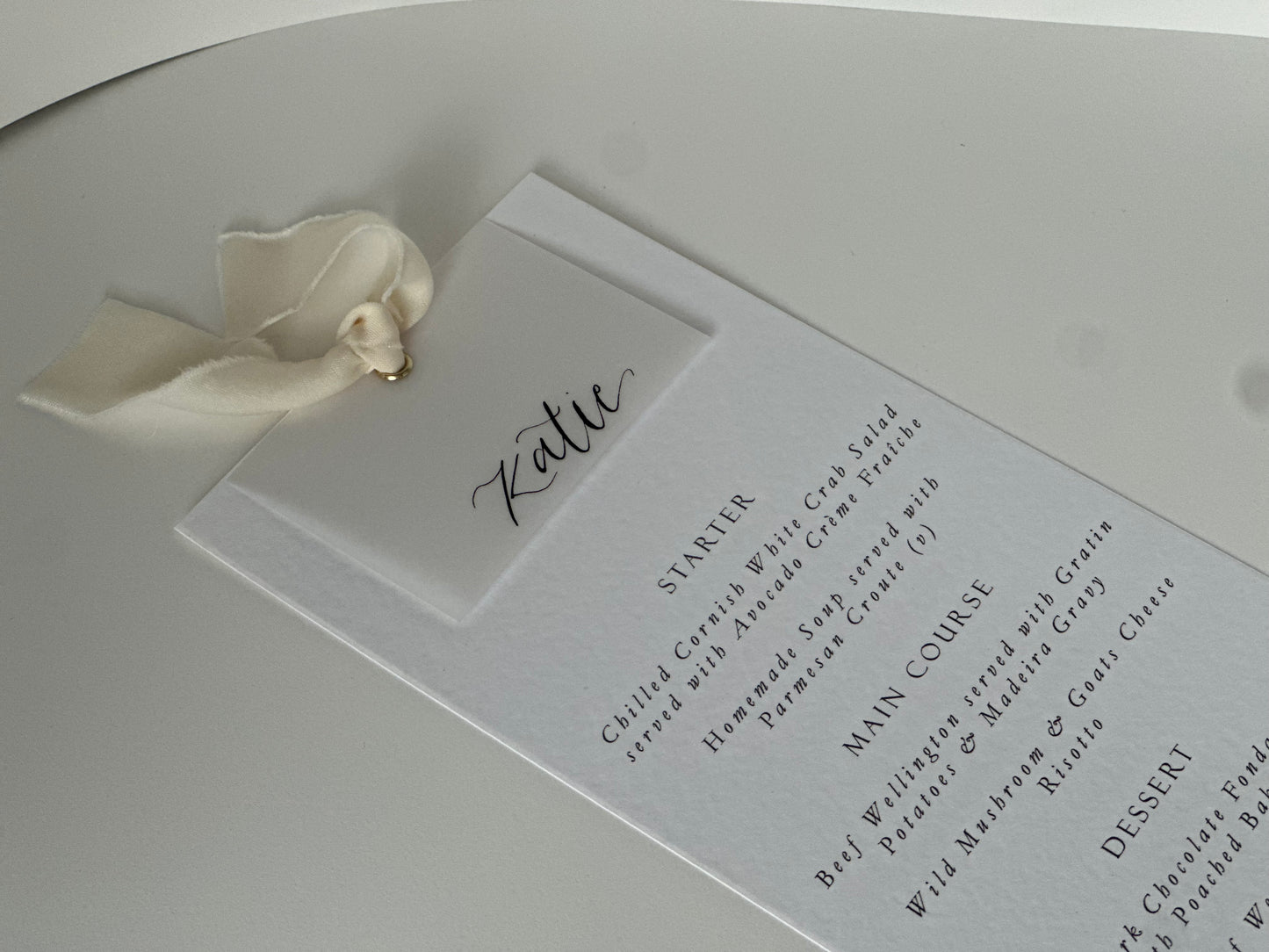 VELLUM + CHAMPAGNE Chiffon Place Card Printed Calligraphy Ribbon Menu | Custom Printed Calligraphy Wedding Menu Card | Gold or Silver Eyelet Menu