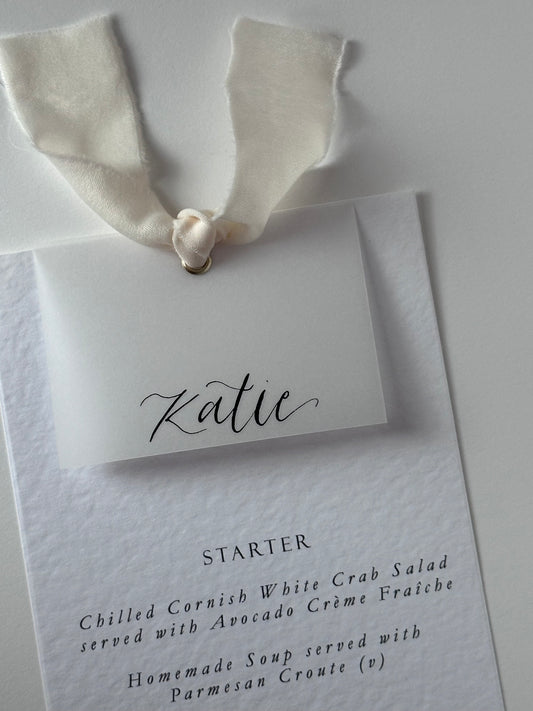 VELLUM + CHAMPAGNE Chiffon Place Card Printed Calligraphy Ribbon Menu | Custom Printed Calligraphy Wedding Menu Card | Gold or Silver Eyelet Menu