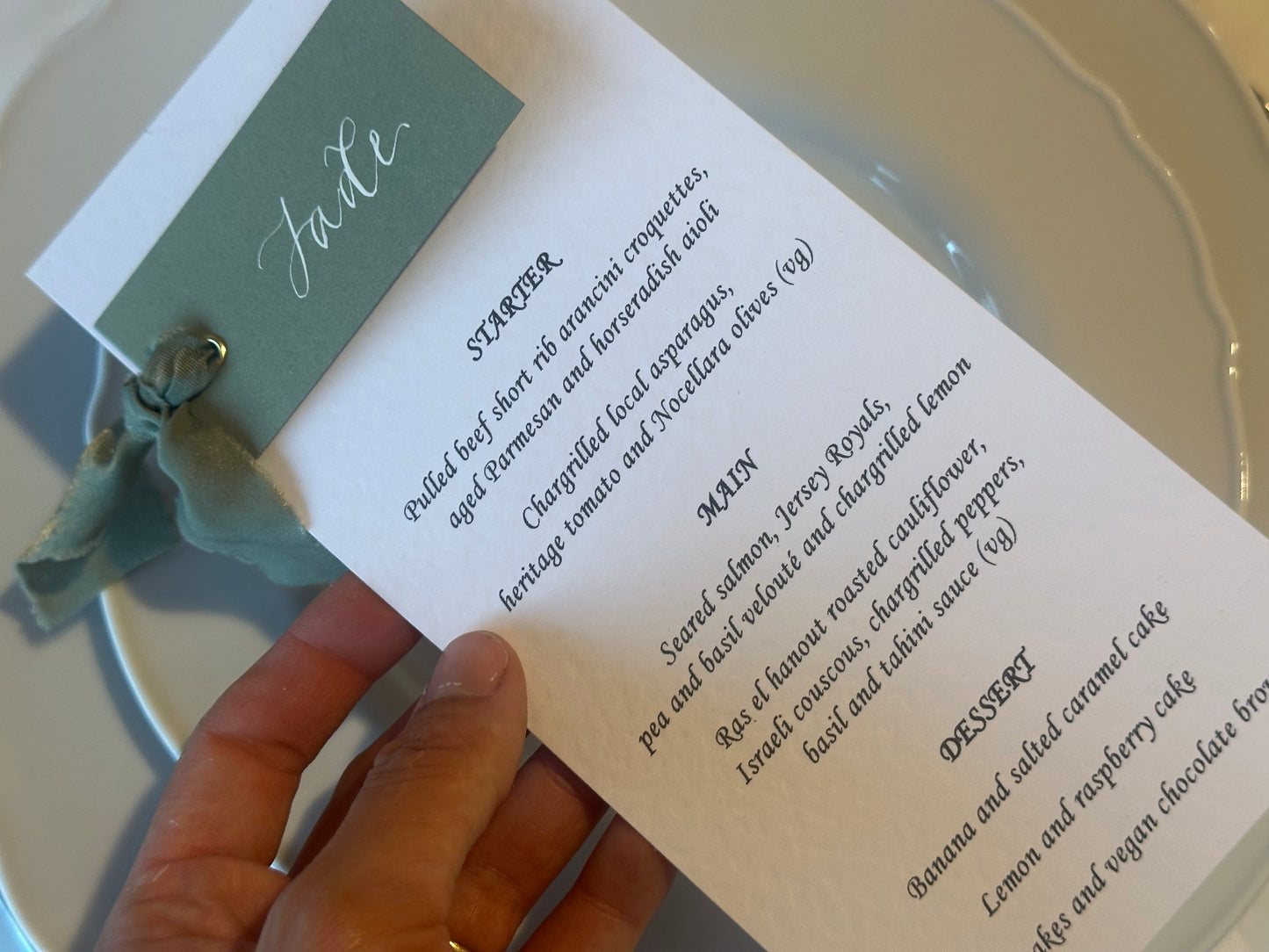Place Card Wedding Menu with Ribbon | Skinny Printed Calligraphy Menu: Mini Place Card