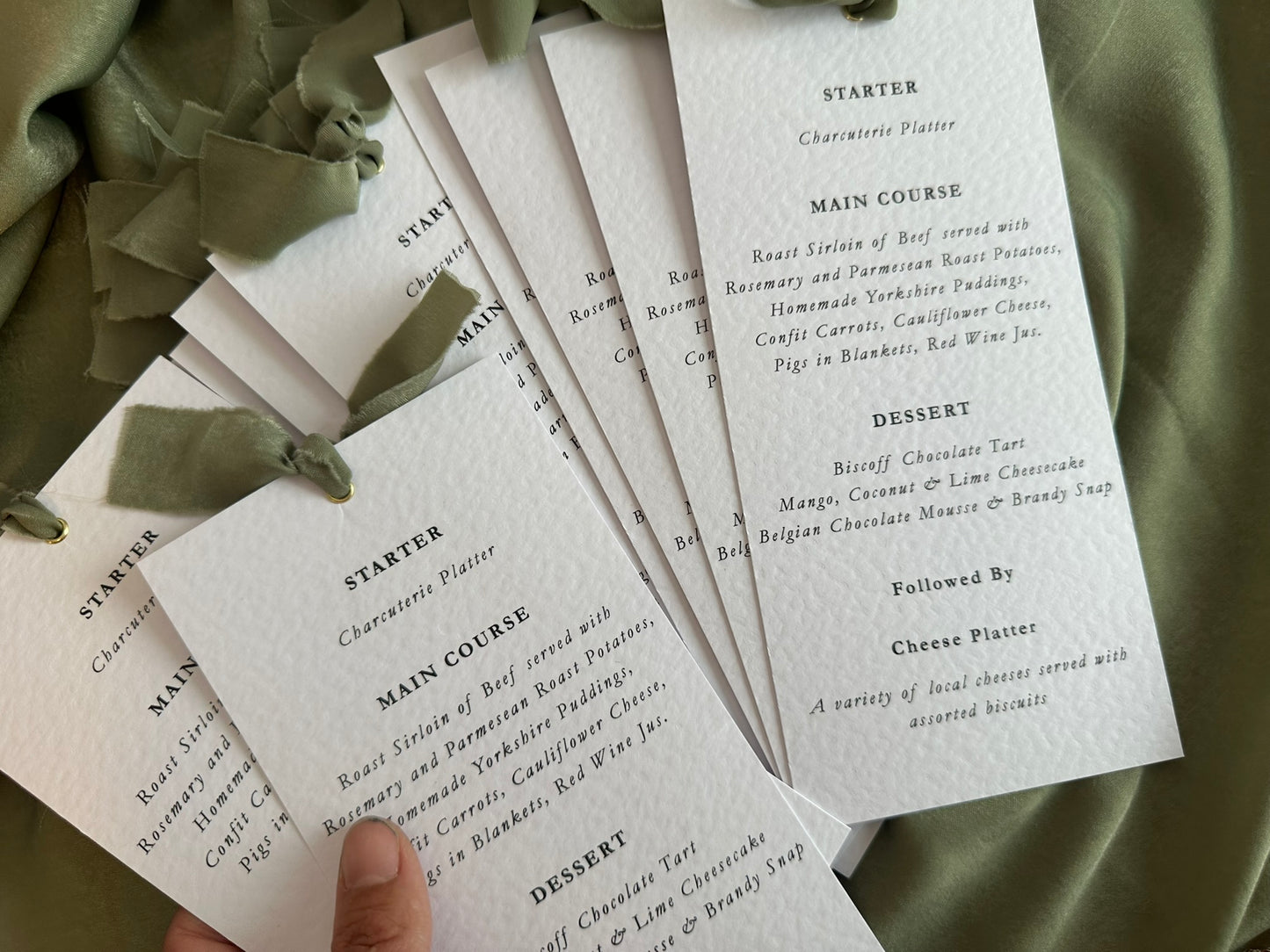 EUCALYPTUS Chiffon Ribbon Printed Skinny Menu Card | Custom Printed Calligraphy Wedding Menu Skinny Card | Gold or Silver Eyelet Menu