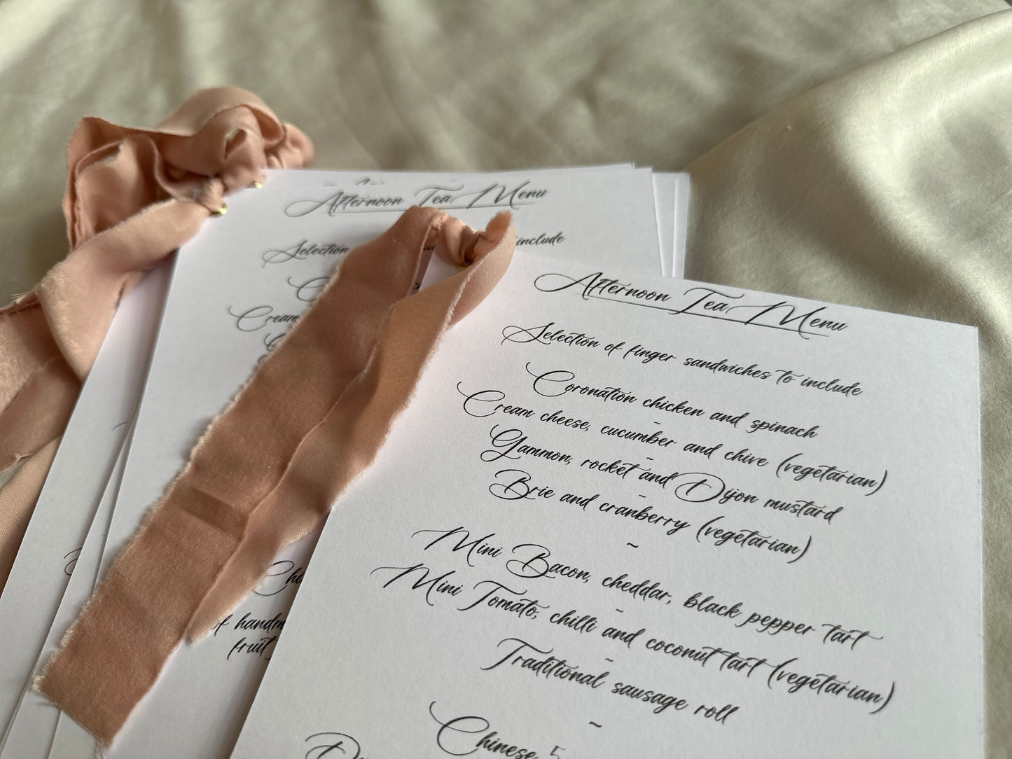 BLUSH Chiffon Ribbon Printed Calligraphy Ribbon A5 A6 Menu Card | Custom Printed Calligraphy Wedding Menu Skinny Card | Gold or Silver Eyelet Menu