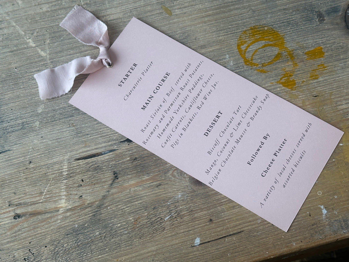 Skinny Wedding Menu Cards with Ribbon | Printed Calligraphy Menus