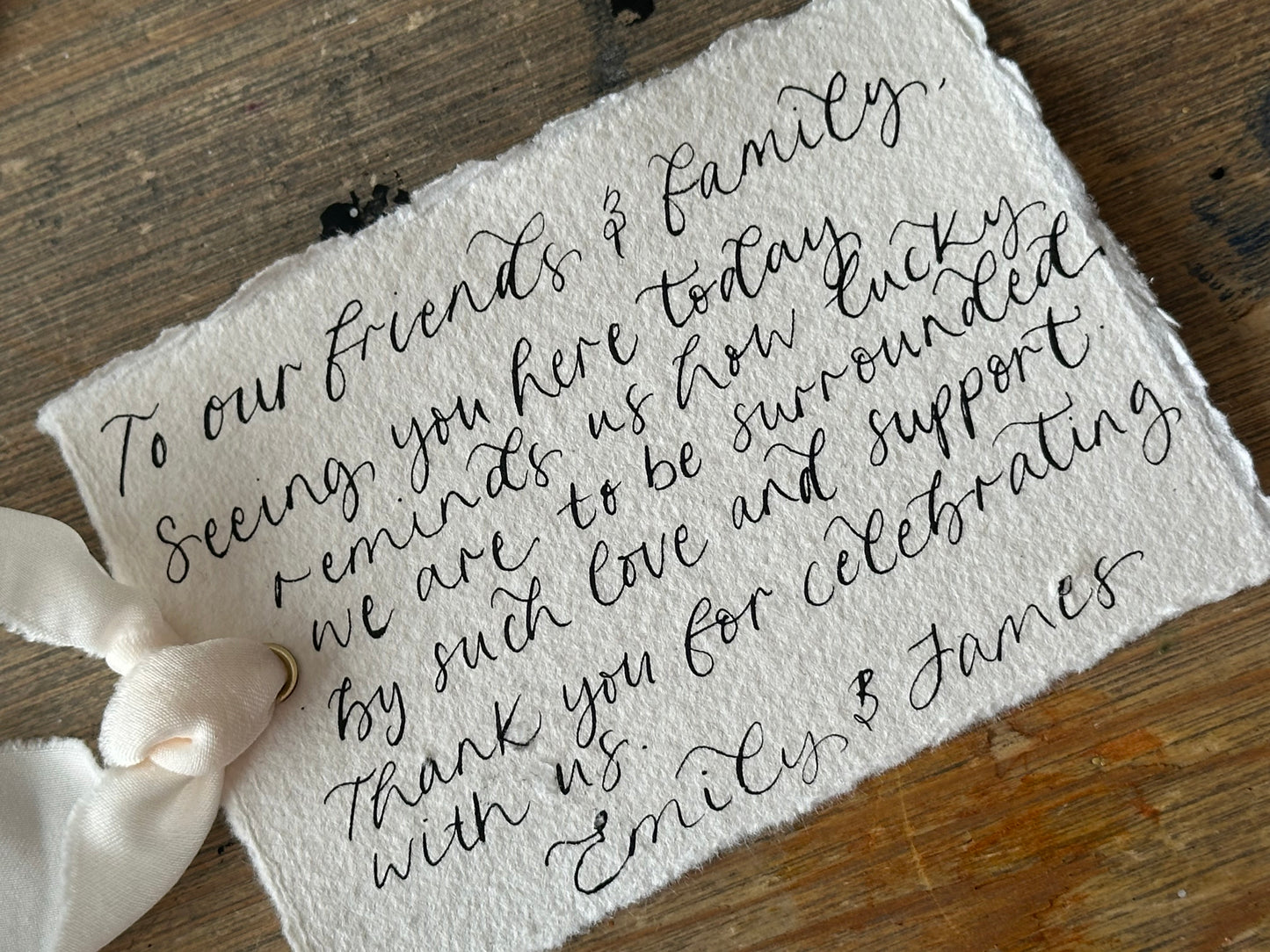 Ribbon Calligraphy Handmade Paper Note Card | A7 Calligraphy Wedding Personalised Sign Card | Custom Calligraphy Thank You Note Card | Gold or Silver Info Note