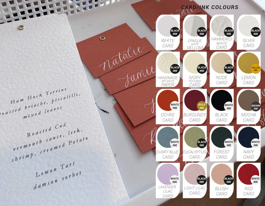 HAMMERED DIY Add Own Ribbon Place Card Printed Calligraphy Menu Chiffon Ribbon | Custom Printed Calligraphy Wedding Menu Card | Gold or Silver Eyelet