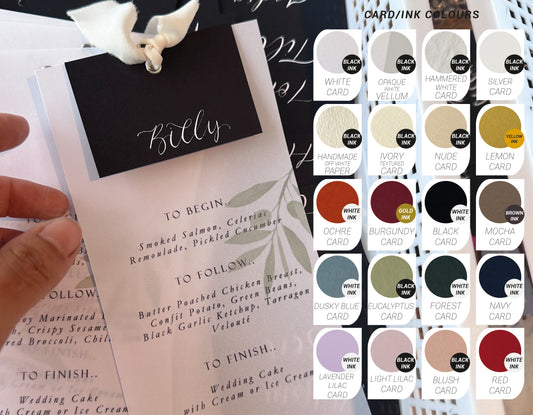 VELLUM Foliage Place Card Printed Calligraphy Menu Chiffon Ribbon | Custom Printed Calligraphy Wedding Menu Card | Gold or Silver Eyelet Menu