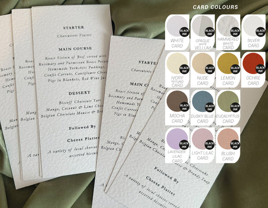 Printed Skinny Menu Card | Custom Printed Calligraphy Wedding Menu Skinny Card | Personalised Wedding Menu Card