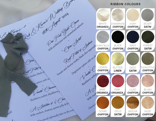 Printed Calligraphy Ribbon A5 A6 Menu Card | Custom Printed Calligraphy Wedding Menu Skinny Card | Gold or Silver Eyelet Menu
