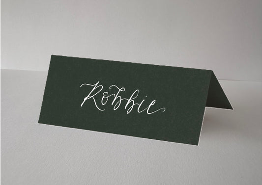 FOREST Green Calligraphy Tented Place Name Card | Calligraphy Wedding Place Name Card | Folded Place Card