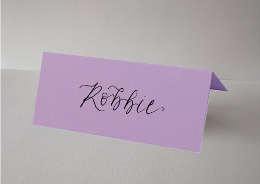 LAVENDER LILAC Calligraphy Tented Place Name Card | Calligraphy Wedding Place Name Card | Folded Place Card