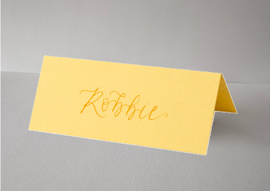 LEMON YELLOW Calligraphy Tented Place Name Card | Calligraphy Wedding Place Name Card | Folded Place Card (Copy)
