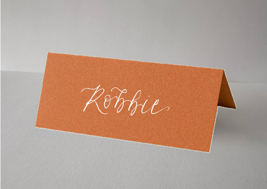 OCHRE Orange Calligraphy Tented Place Name Card | Calligraphy Wedding Place Name Card | Folded Place Card