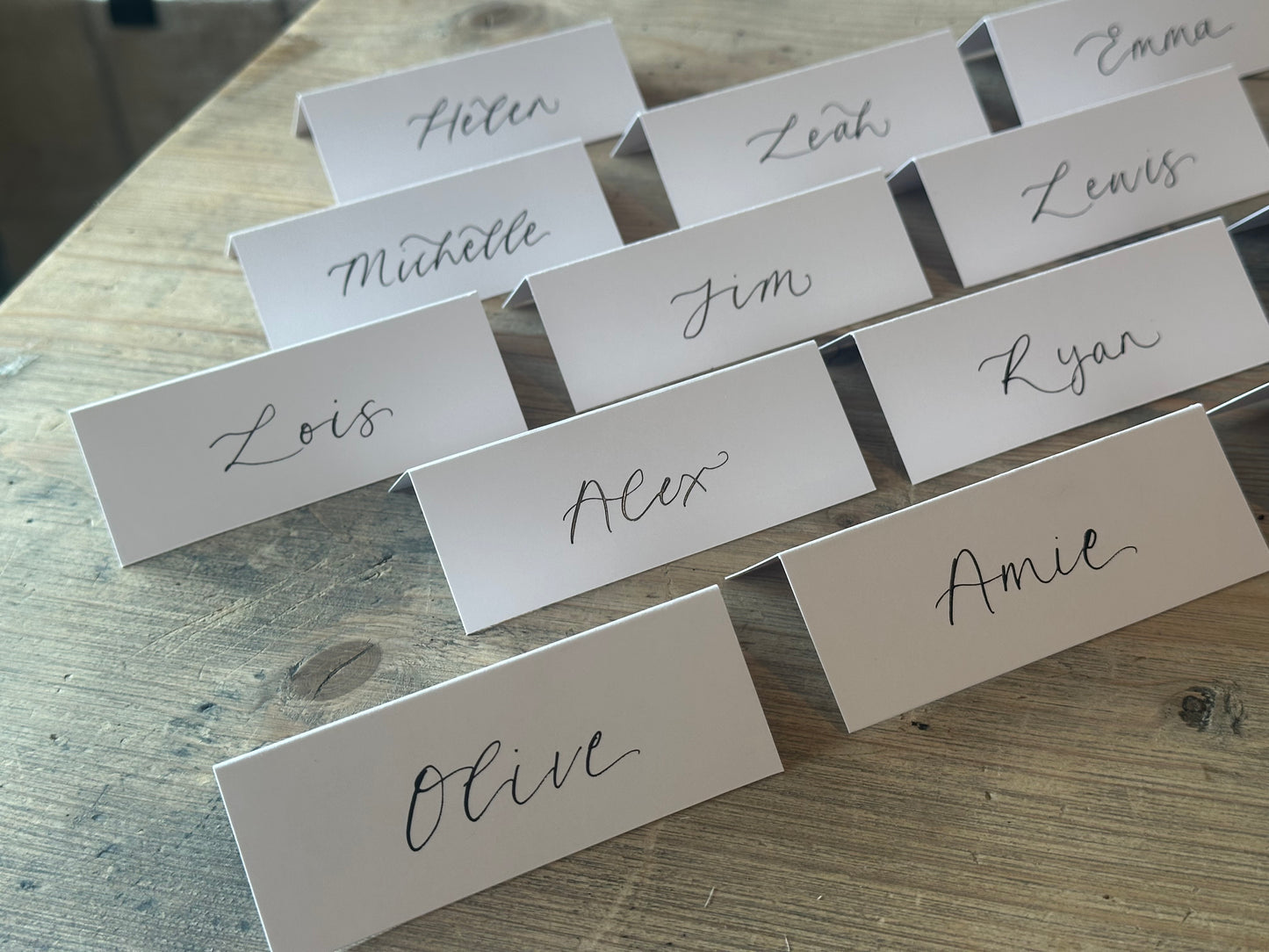 Tented Calligraphy Wedding Place Cards | Handwritten White Card
