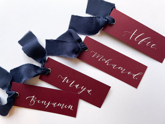 BURGUNDY + NAVY Place Card Chiffon Ribbon | Calligraphy Wedding Place Name Card | Gold or Silver Eyelet