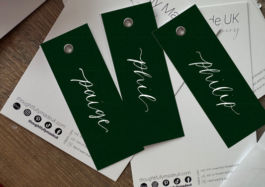 FOREST GREEN Calligraphy Place Name Card | DIY Add Own Ribbon Calligraphy Wedding Place Name Card | Gold or Silver Eyelet Place Card