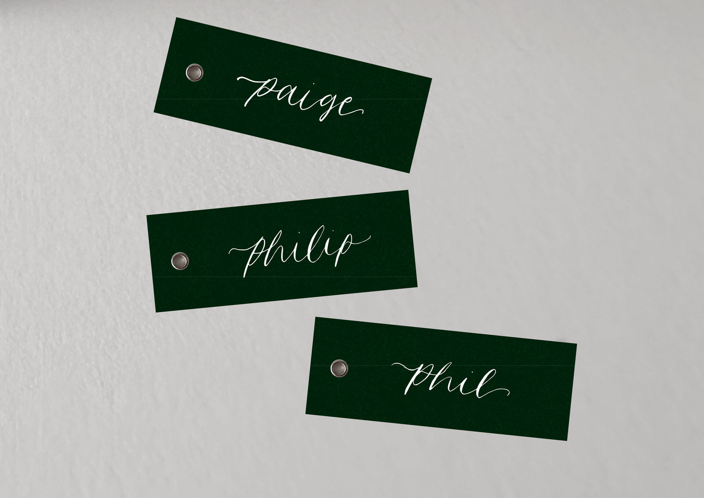 FOREST GREEN Calligraphy Place Name Card | DIY Add Own Ribbon Calligraphy Wedding Place Name Card | Gold or Silver Eyelet Place Card