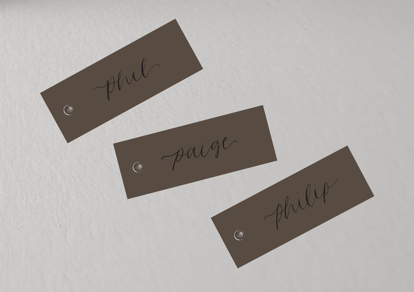 CHOCOLATE BROWN Calligraphy Place Name Card | DIY Add Own Ribbon Calligraphy Wedding Place Name Card | Gold or Silver Eyelet Place Card