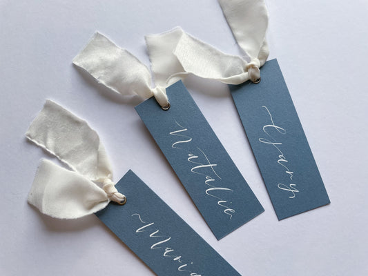 DUSKY BLUE + CHAMPAGNE Place Card Chiffon Ribbon | Calligraphy Wedding Place Name Card | Gold or Silver Eyelet