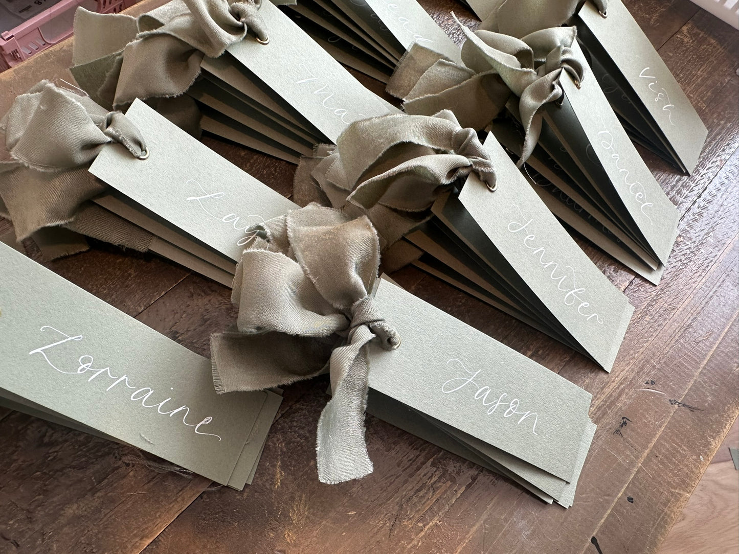 Eucalyptus Chiffon Wedding Place Cards with Ribbon | Green Calligraphy Place Cards
