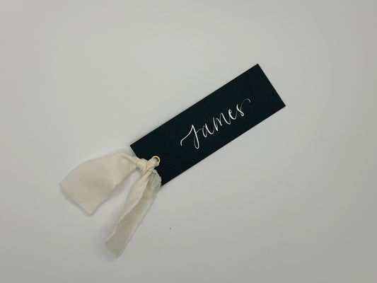FOREST + CHAMPAGNE Chiffon Ribbon Calligraphy Place Name Card | Calligraphy Wedding Place Name Card | Gold or Silver Eyelet
