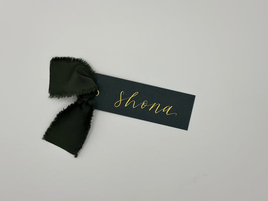 FOREST Satin Ribbon Calligraphy Place Name Card | Calligraphy Wedding Place Name Card | Gold or Silver Eyelet