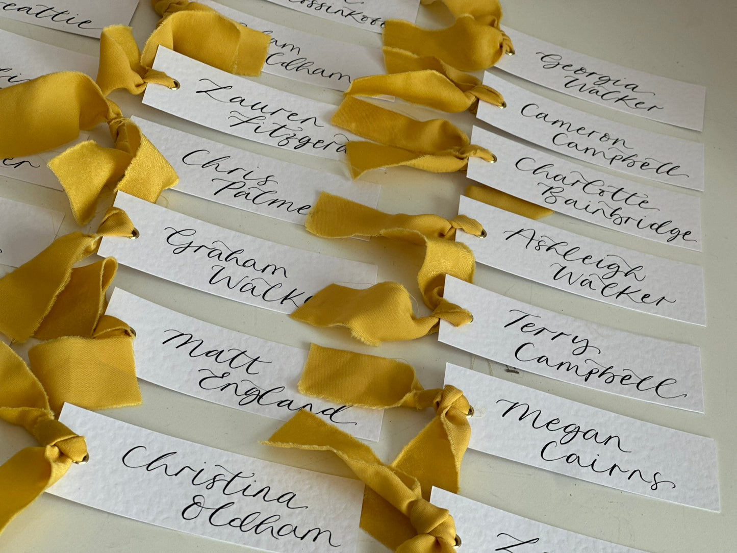 HAMMERED White + LEMON Yellow Chiffon Ribbon Calligraphy Place Name Card | Calligraphy Wedding Place Name Card | Gold or Silver Eyelet Place Card
