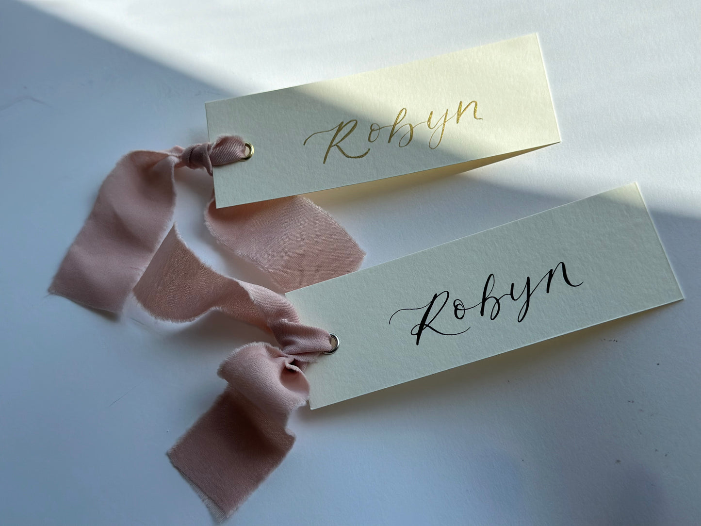 IVORY + BLUSH Chiffon Ribbon Calligraphy Place Name Card | Calligraphy Wedding Place Name Card | Gold or Silver Eyelet