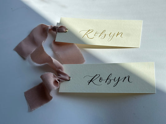 IVORY + BLUSH Chiffon Ribbon Calligraphy Place Name Card | Calligraphy Wedding Place Name Card | Gold or Silver Eyelet
