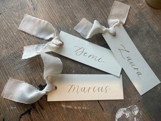IVORY Chiffon Ribbon Calligraphy Place Name Card | Calligraphy Wedding Place Name Card | Gold or Silver Eyelet
