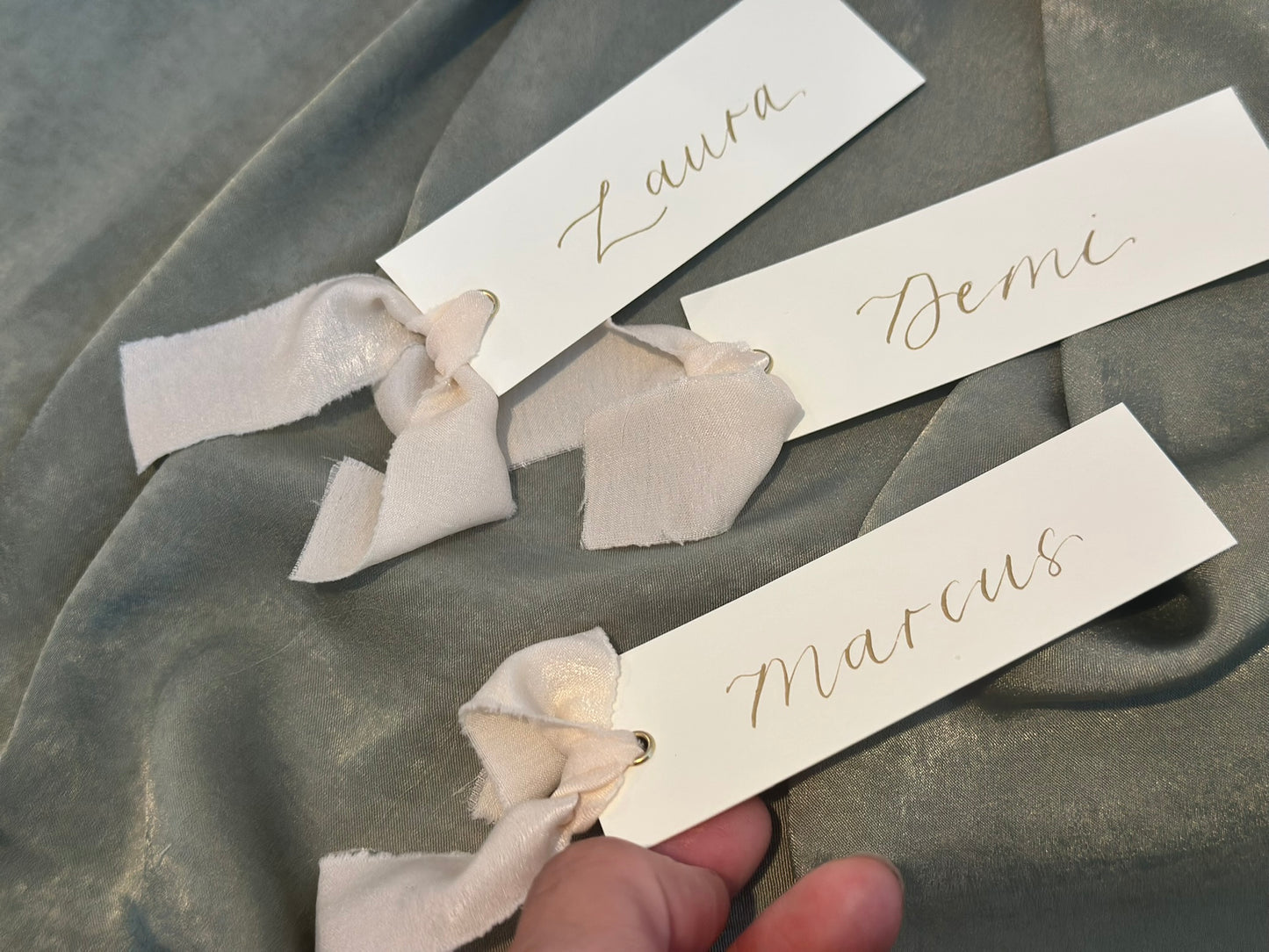 IVORY Chiffon Ribbon Calligraphy Place Name Card | Calligraphy Wedding Place Name Card | Gold or Silver Eyelet