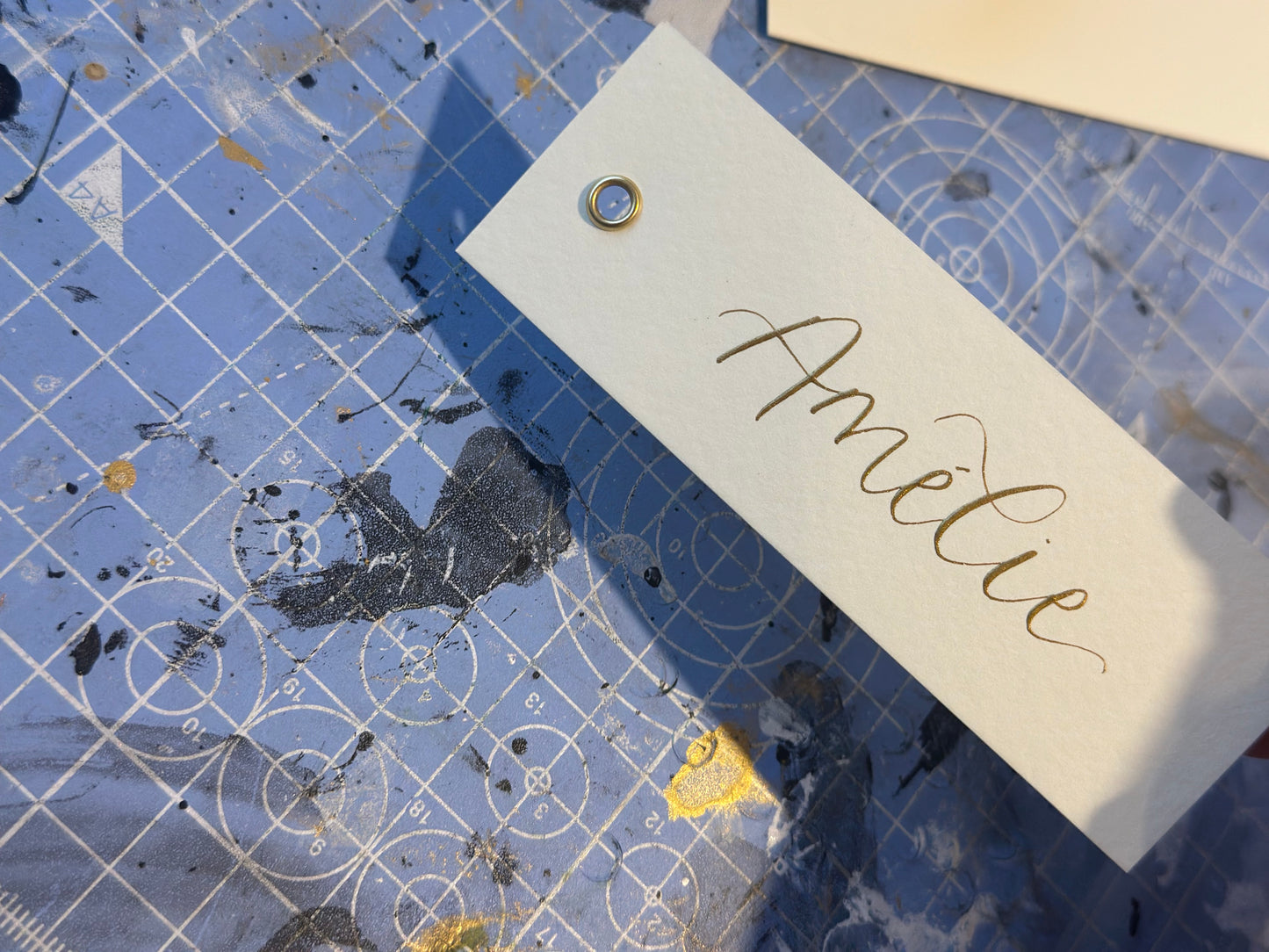 IVORY Calligraphy Place Name Card | DIY Add Own Ribbon Calligraphy Wedding Place Name Card | Gold or Silver Eyelet Place Card