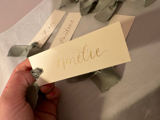 IVORY + SAGE Satin Ribbon GOLD Calligraphy Place Name Card | White Calligraphy Wedding Place Name Card | Gold or Silver Eyelet