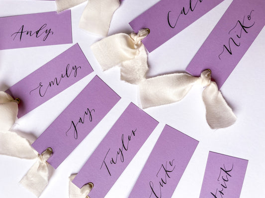 LAVENDER LILAC + CHAMPAGNE Place Card Chiffon Ribbon | Calligraphy Wedding Place Name Card | Gold or Silver Eyelet