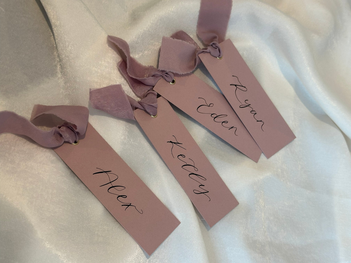 Light Lilac Chiffon Wedding Place Cards with Ribbon | Pastel Lilac Calligraphy Place Cards