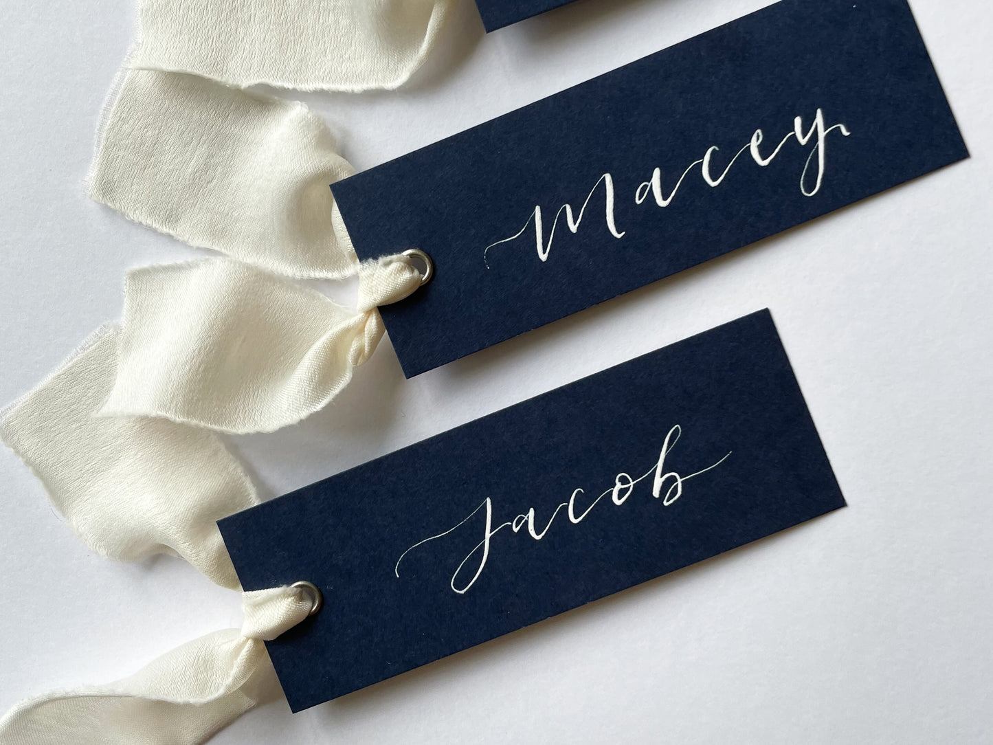 NAVY+ CHAMPAGNE Chiffon Ribbon Place Card | Calligraphy Wedding Place Name Card | Gold or Silver Eyelet