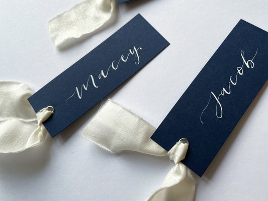 NAVY+ CHAMPAGNE Chiffon Ribbon Place Card  | Calligraphy Wedding Place Name Card | Gold or Silver Eyelet