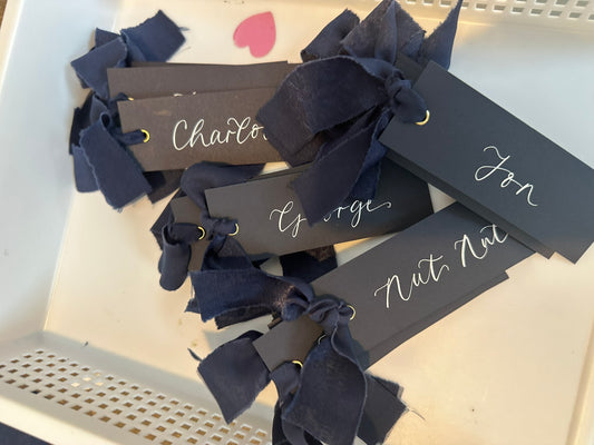 NAVY Place Card Chiffon Ribbon | Calligraphy Wedding Place Name Card | Gold or Silver Eyelet