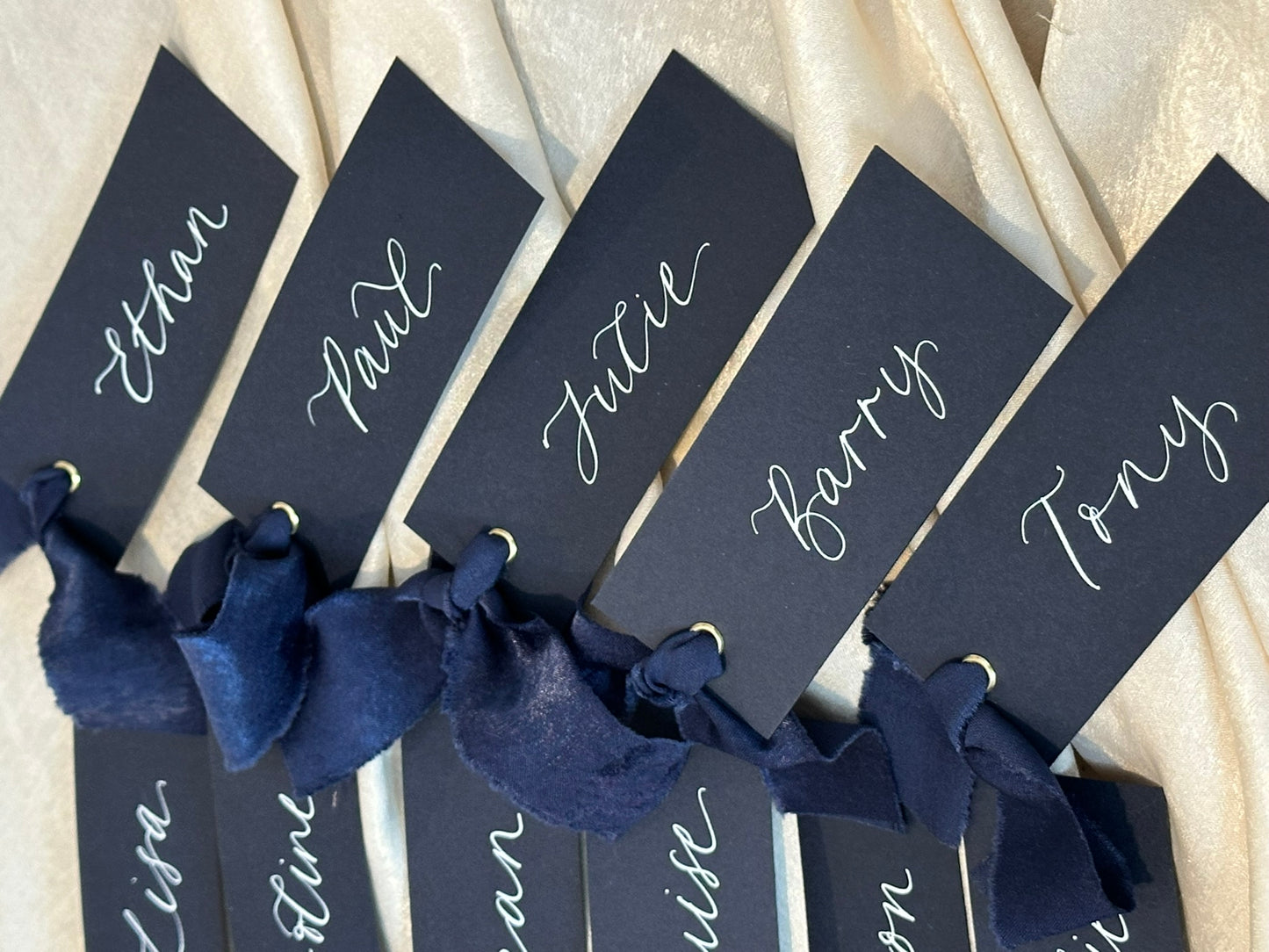 Navy Chiffon Wedding Place Cards with Ribbon | Calligraphy Place Cards
