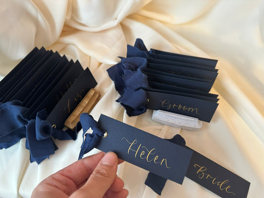 NAVY Place Card Chiffon Ribbon GOLD Calligraphy | Wedding Place Name Card | Gold or Silver Eyelet