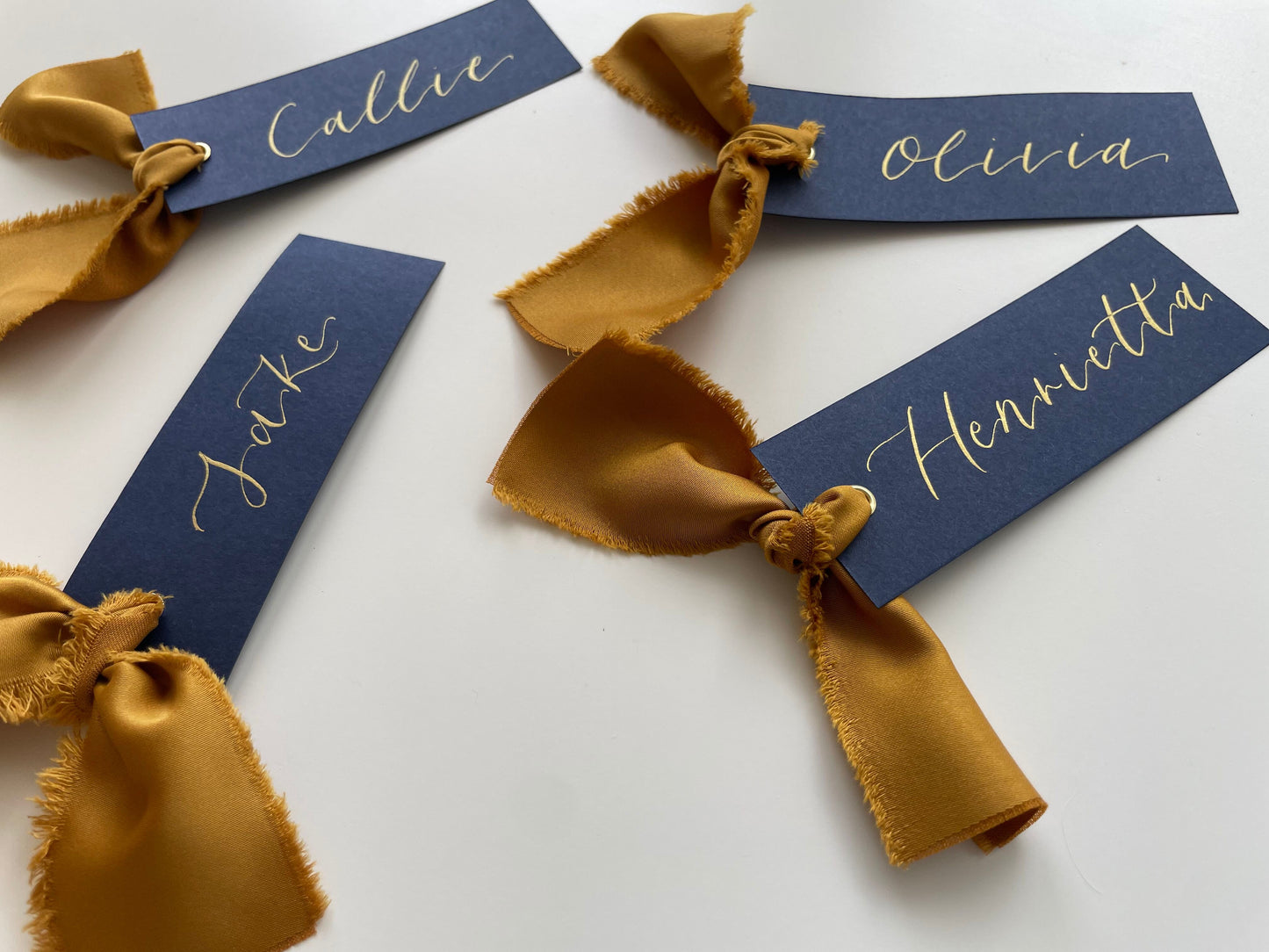 NAVY + GOLD Satin Ribbon Calligraphy Place Name Card | Calligraphy Wedding Place Name Card | Gold or Silver Eyelet